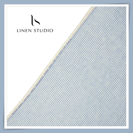60 Lea Pure European Linen Shirting - Off White & Blue Sober Stripes (NEW) (Limited Stock)