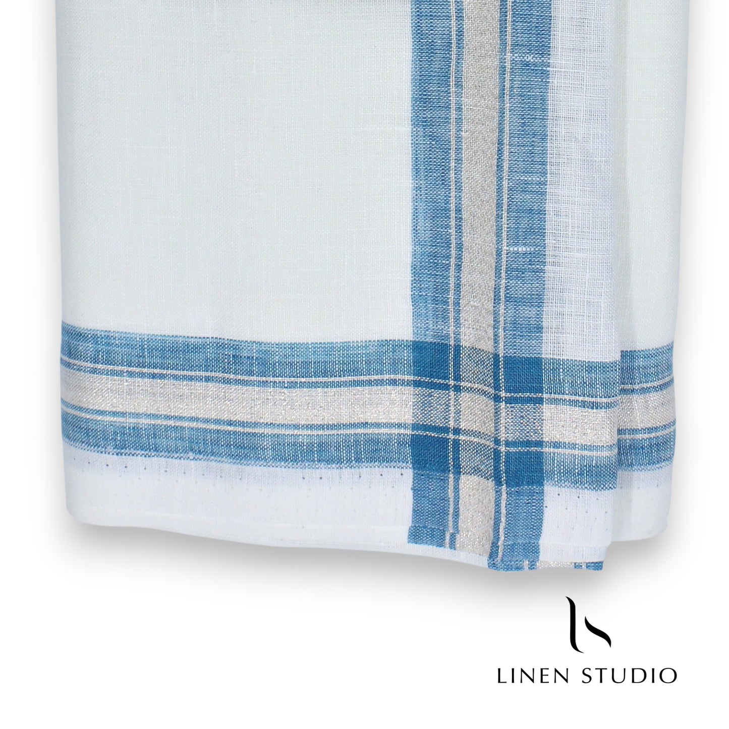 Pure Linen Dhoti by Linen Club - Dusty Blue with Gold Zari (zoom in)