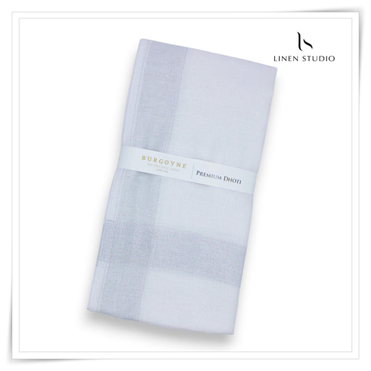 Silver Zari Border - Pure Linen Premium Ceremonial Dhoti by Burgoyne (NEW) (Highest Selling)