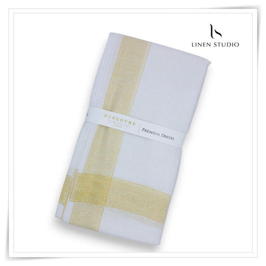 Gold Zari Border - Pure Linen Premium Ceremonial Dhoti by Burgoyne (NEW) (Highest Selling)