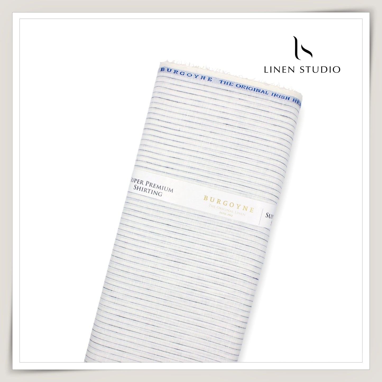 100 LEA PREMIUM Linen Shirting by Burgoyne - White with Classic Blue Stripes (NEW)