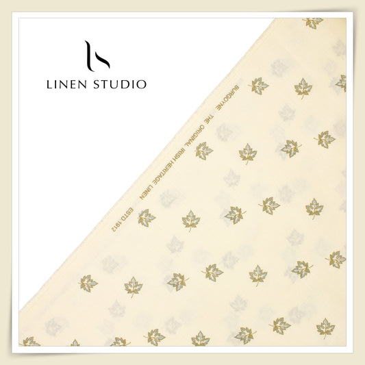 60 Lea Printed Pure Linen Shirting by Burgoyne - Cream Leaf (NEW)