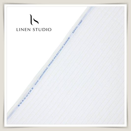 60 Lea Pure Linen Shirting by Burgoyne Ireland - Bright White with Golden Zari (Zoom In) (NEW)