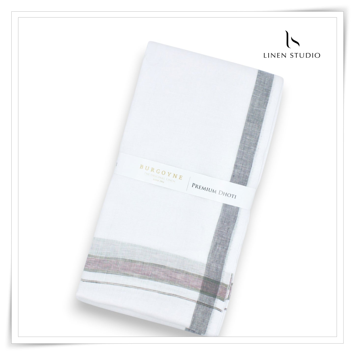Grey/ Green Martini Border - Premium 70 Lea Pure Linen Dhoti by Burgoyne (NEW)