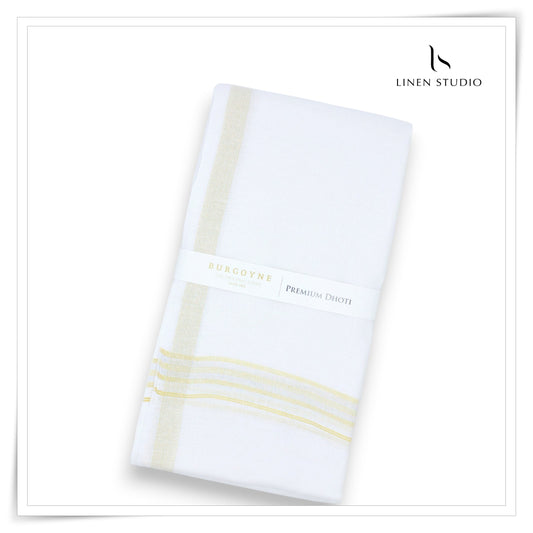 Gold & Silver Lurex Grand Border - Premium 70 Lea Pure Linen Dhoti by Burgoyne (NEW)