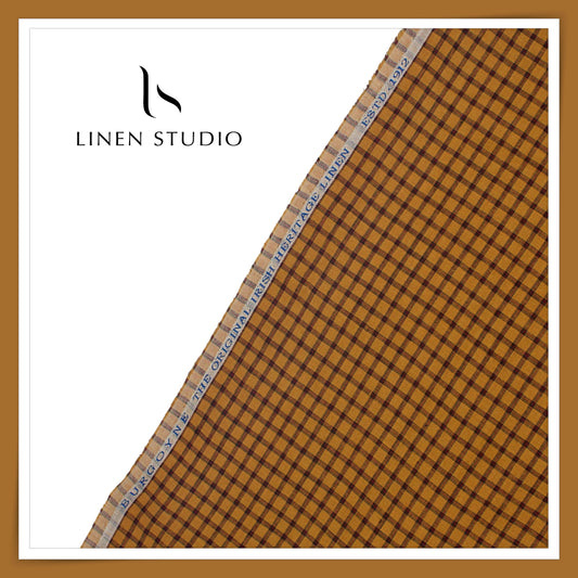 60 Lea Pure Linen Shirting by Burgoyne - Copper Brown Espresso Checks (NEW)