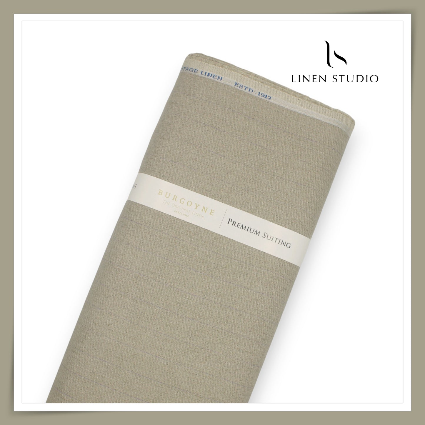 Premium Linen Suiting by Burgoyne - Stone with Mild Blue Stripes (NEW)