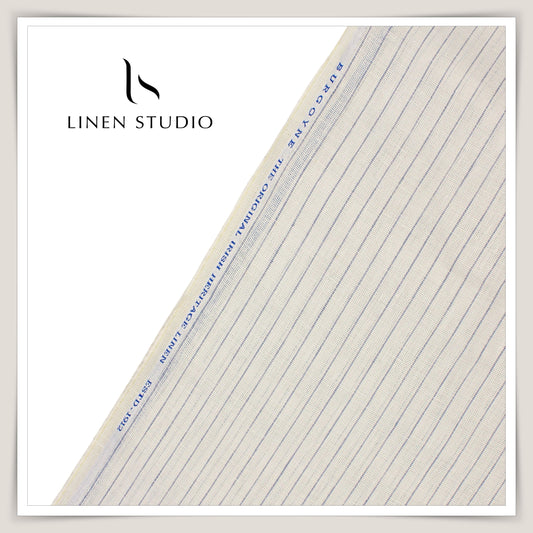 Burgoyne Exclusive Netted Linen Shirting - Cream with Blue Stripes (Zoom in)