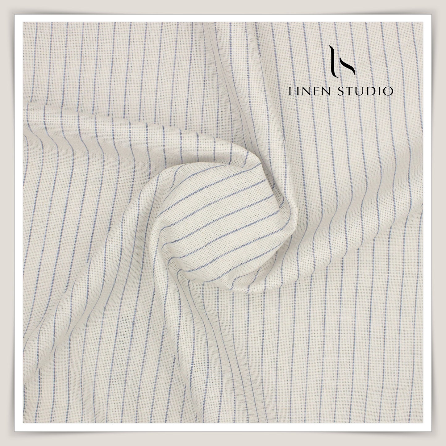 Burgoyne Exclusive Netted Linen Shirting - Cream with Blue Stripes (Zoom in)