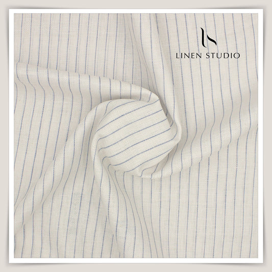 Burgoyne Exclusive Netted Linen Shirting - Cream with Blue Stripes (Zoom in)