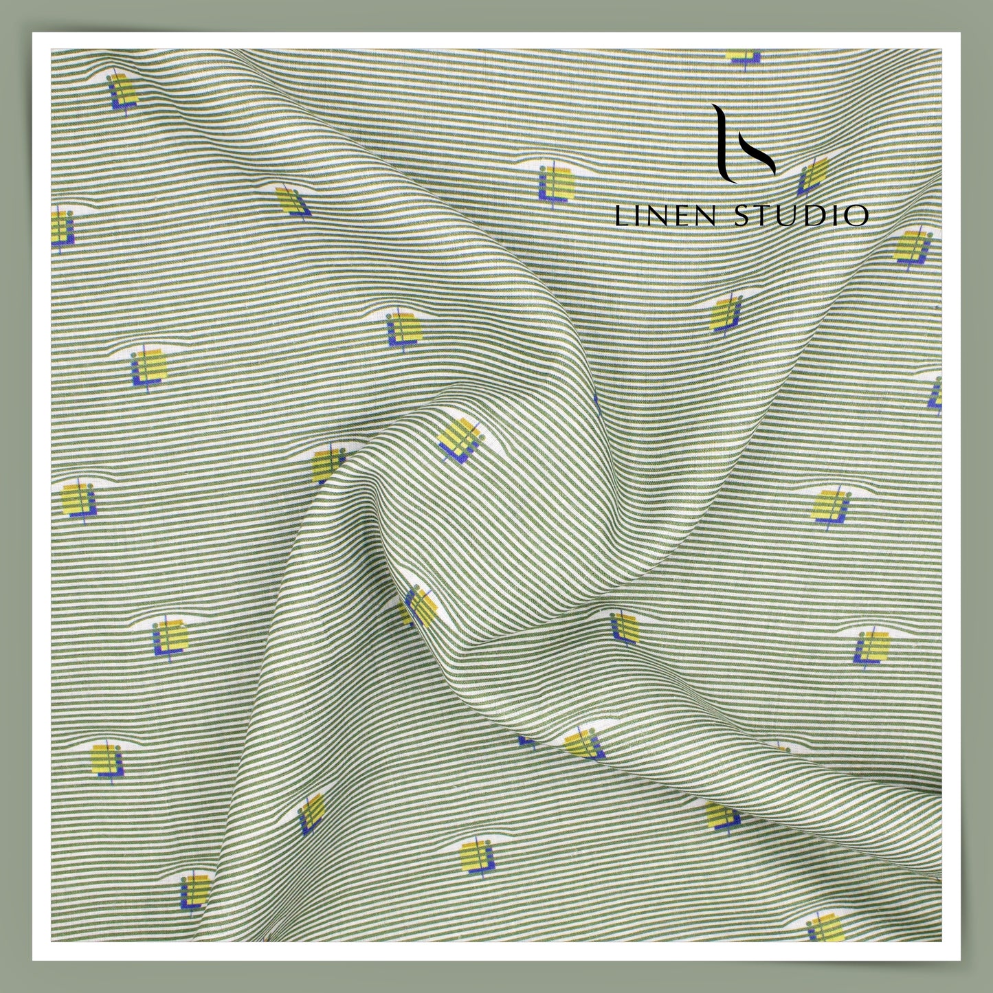 Burgoyne Pure Linen Digital Print - Abstract Green Stripes (60% SALE)