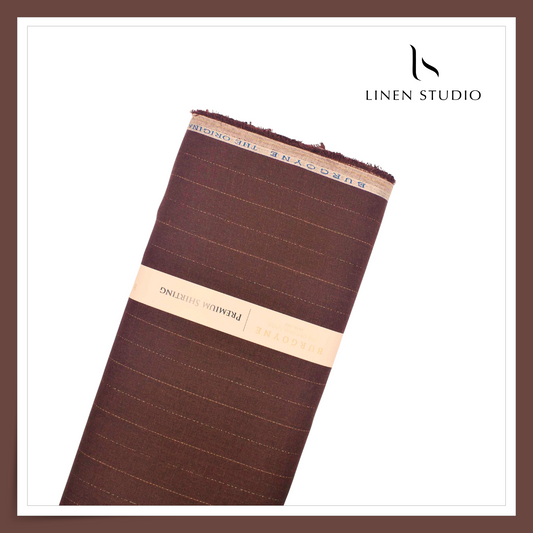 Burgoyne 60 Lea Pure Linen Shirting - Crater Brown Gold Zari Stripes (NEW) (Zoom In)