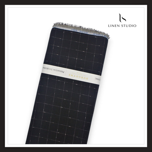 60 Lea Pure Linen Shirting by Burgoyne - Black with White Fancy Checks (NEW)