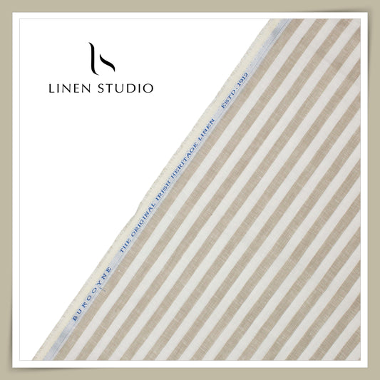 60 Lea Pure Linen Shirting by Burgoyne - White & Brown Classic Stripes (NEW)
