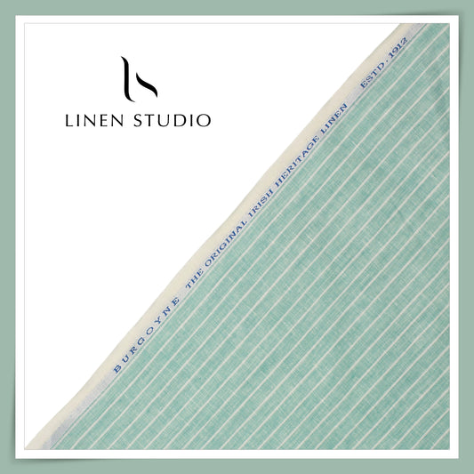 60 Lea Pure Linen Shirting by Burgoyne - Shadow Green with White Stripes (NEW)