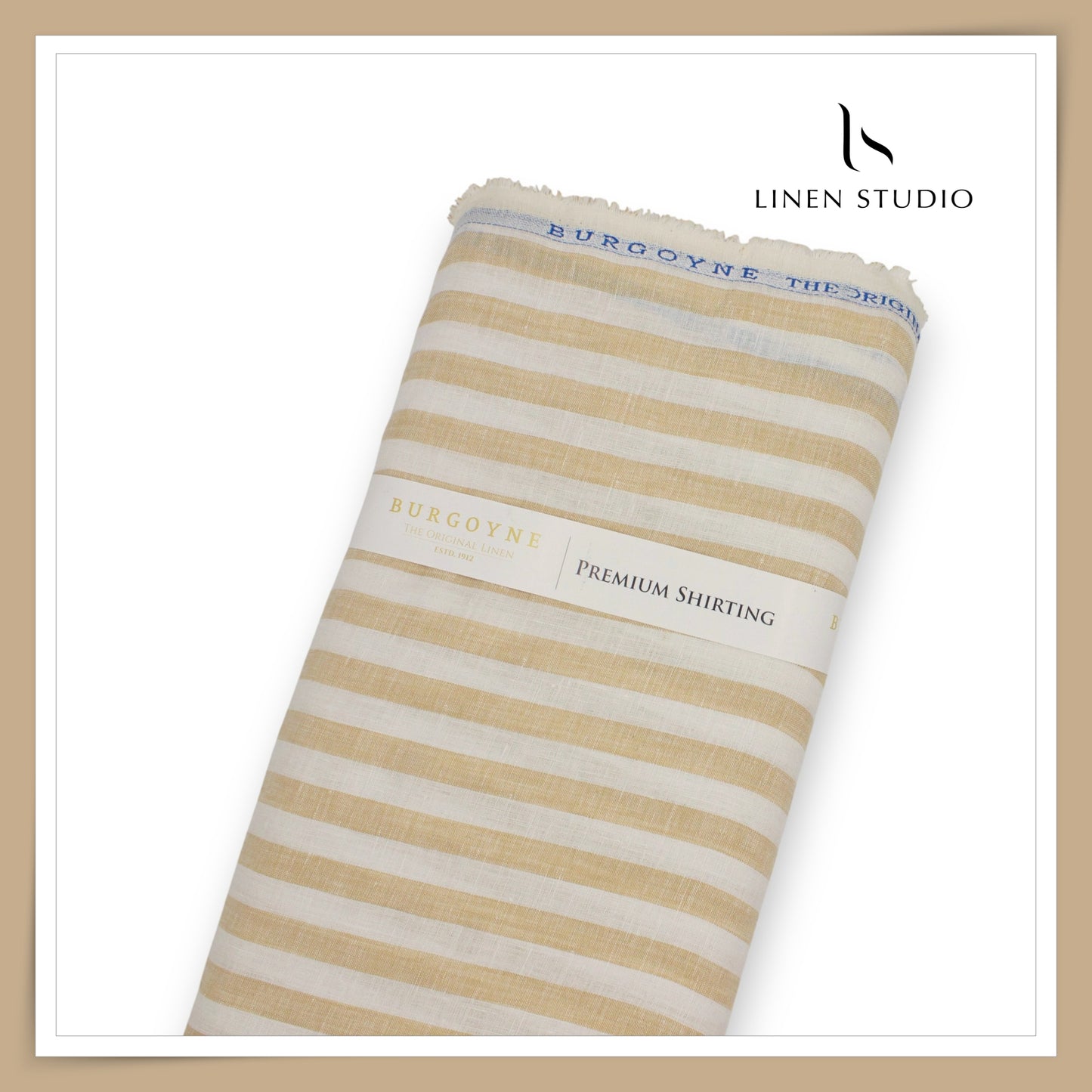 60 Lea Pure Linen Shirting by Burgoyne - White & Sorrell Brown Classic Stripes (NEW)