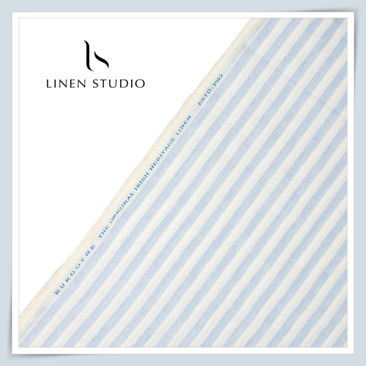 60 Lea Pure Linen Shirting by Burgoyne - White & Blue Classic Sober Stripes (NEW)