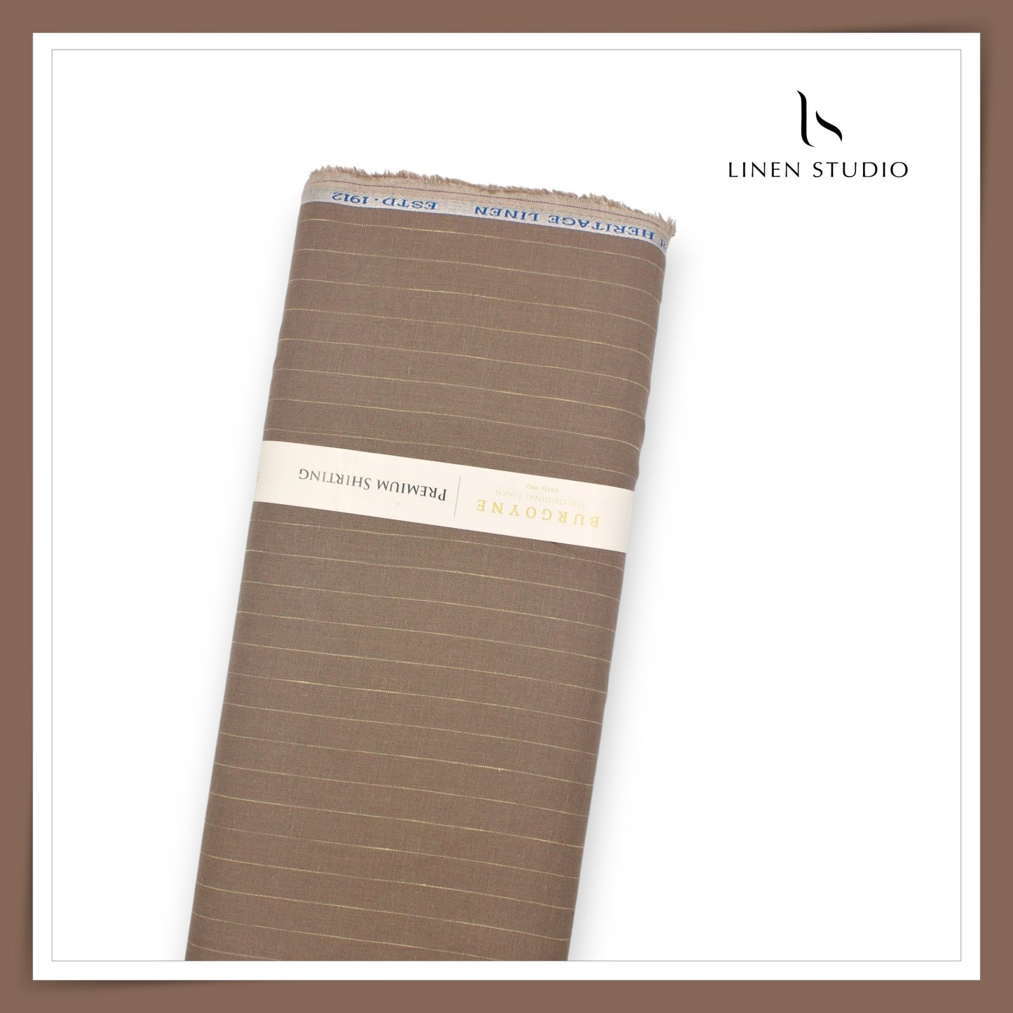 60 Lea Pure Linen Shirting by Burgoyne - Roman Coffee Sober Stripes (NEW)