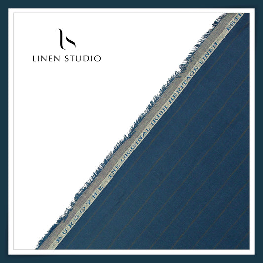 60 Lea Pure Linen Shirting by Burgoyne - Nile Blue Stripes (NEW)