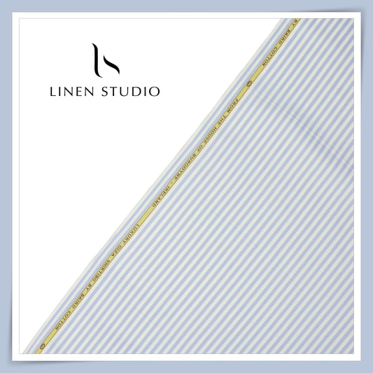100% Finest Giza Cotton Shirting by Burgoyne - White & Steel Blue Awning Stripes (NEW)