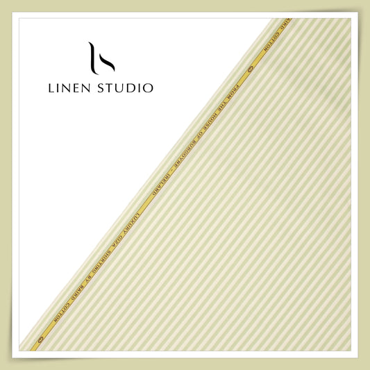 100% Finest Giza Cotton Shirting by Burgoyne - White & Light Green Awning Stripes (NEW)