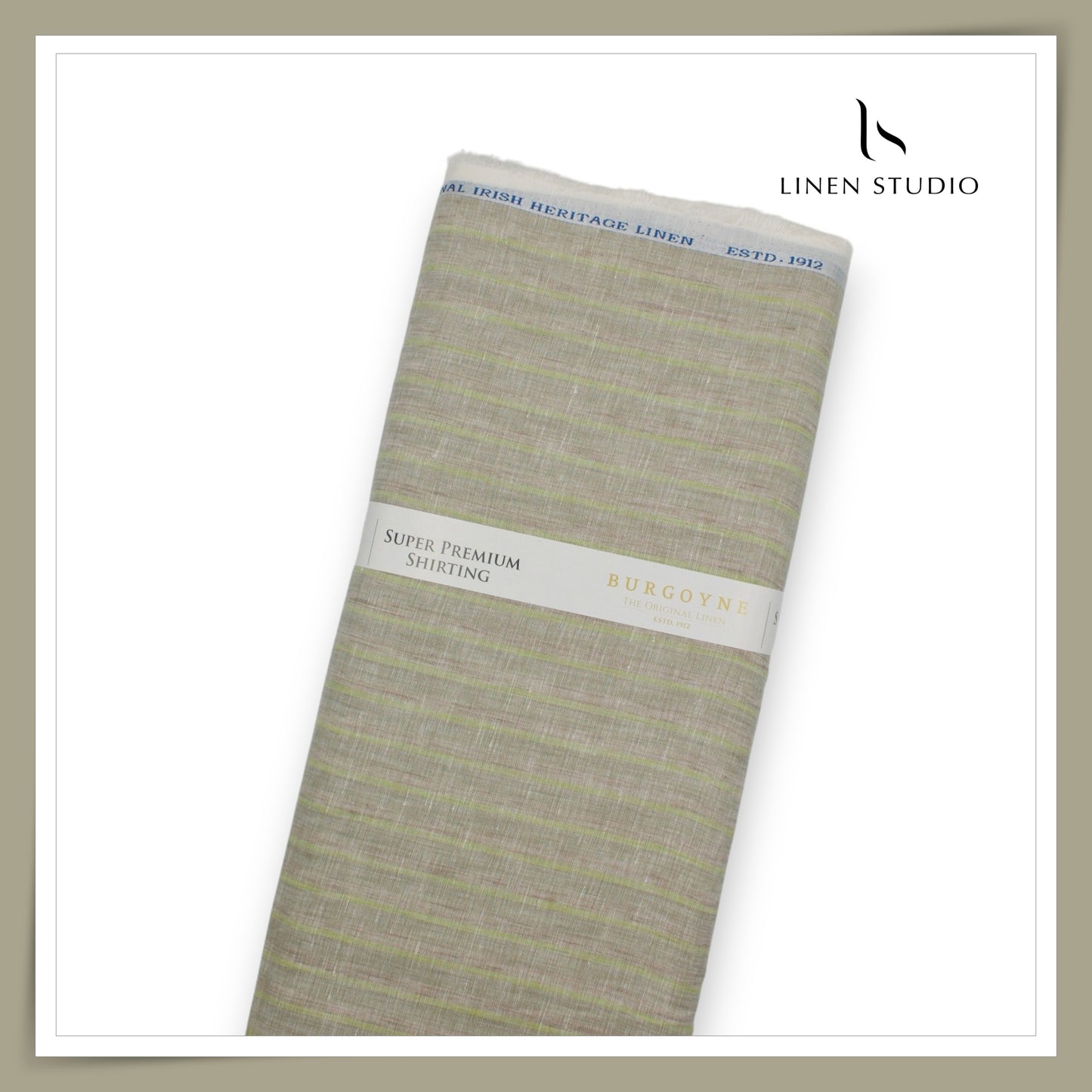 80 Lea Pure Linen Premium Shirting by Burgoyne - Natural with Green Stripes (NEW) (Highest Selling)