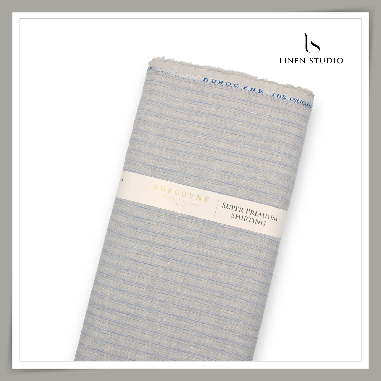 80 Lea Pure Linen Premium Shirting by Burgoyne - Classic Grey with Blue Stripes (NEW)