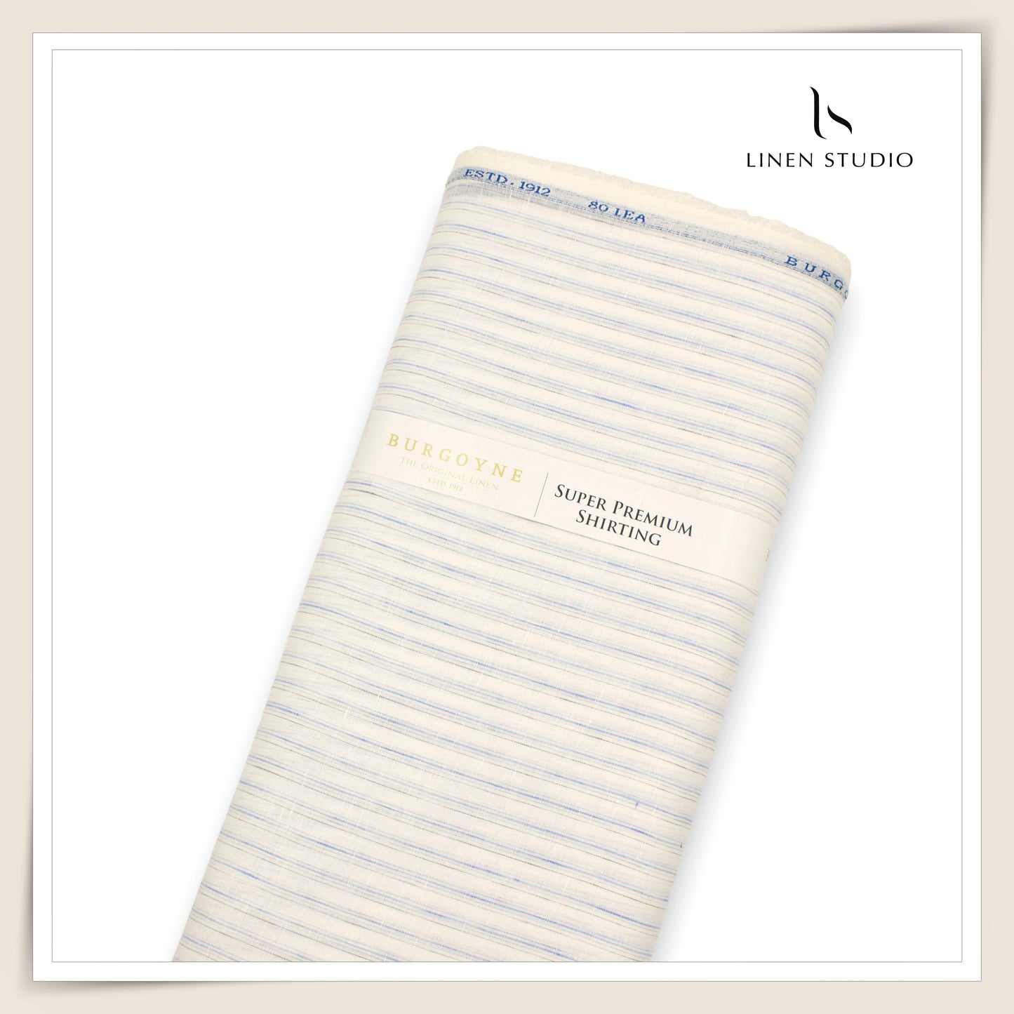 80 Lea Pure Linen Premium Shirting by Burgoyne - White with Blue Stripes (NEW)