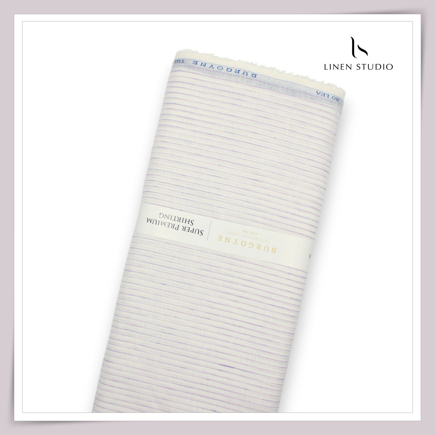 80 Lea Pure Linen Premium Shirting by Burgoyne - White with Purple Stripes (NEW)