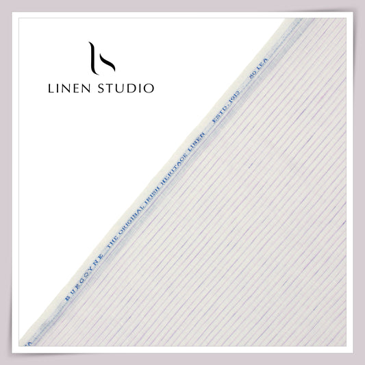 80 Lea Pure Linen Premium Shirting by Burgoyne - White with Purple Stripes (NEW)