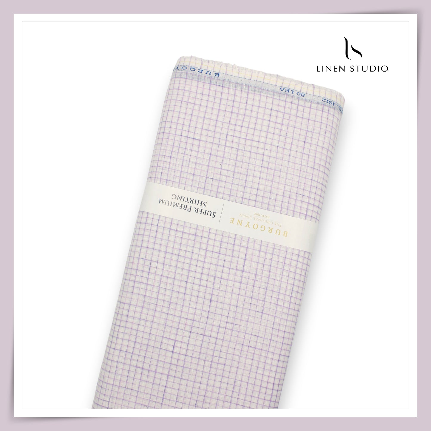 80 Lea Pure Linen Premium Shirting by Burgoyne - White with Purple Checks (NEW)
