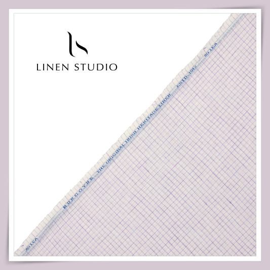 80 Lea Pure Linen Premium Shirting by Burgoyne - White with Purple Checks (NEW)