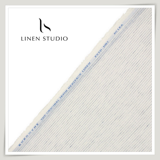 80 Lea Pure Linen Premium Shirting by Burgoyne - White with Broken Blue Stripes (NEW)