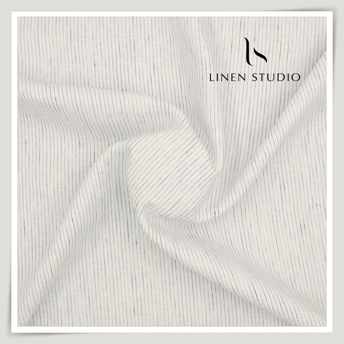 80 Lea Pure Linen Premium Shirting by Burgoyne - White with Broken Blue Stripes (NEW)