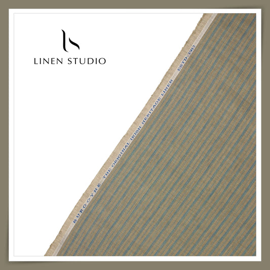 60 Lea Pure Linen Shirting by Burgoyne - Brownish Grey & Turquoise Stripes (NEW)