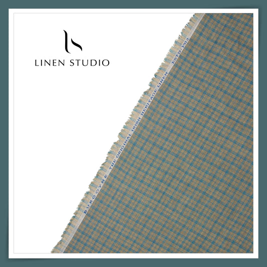 60 Lea Pure Linen Shirting by Burgoyne - Brownish Grey & Turquoise Checks (NEW)