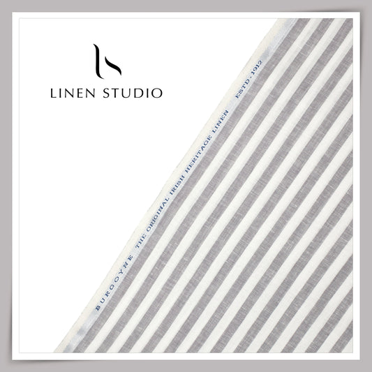 60 Lea Pure Linen Shirting by Burgoyne - White & Grey Classic Stripes (NEW)