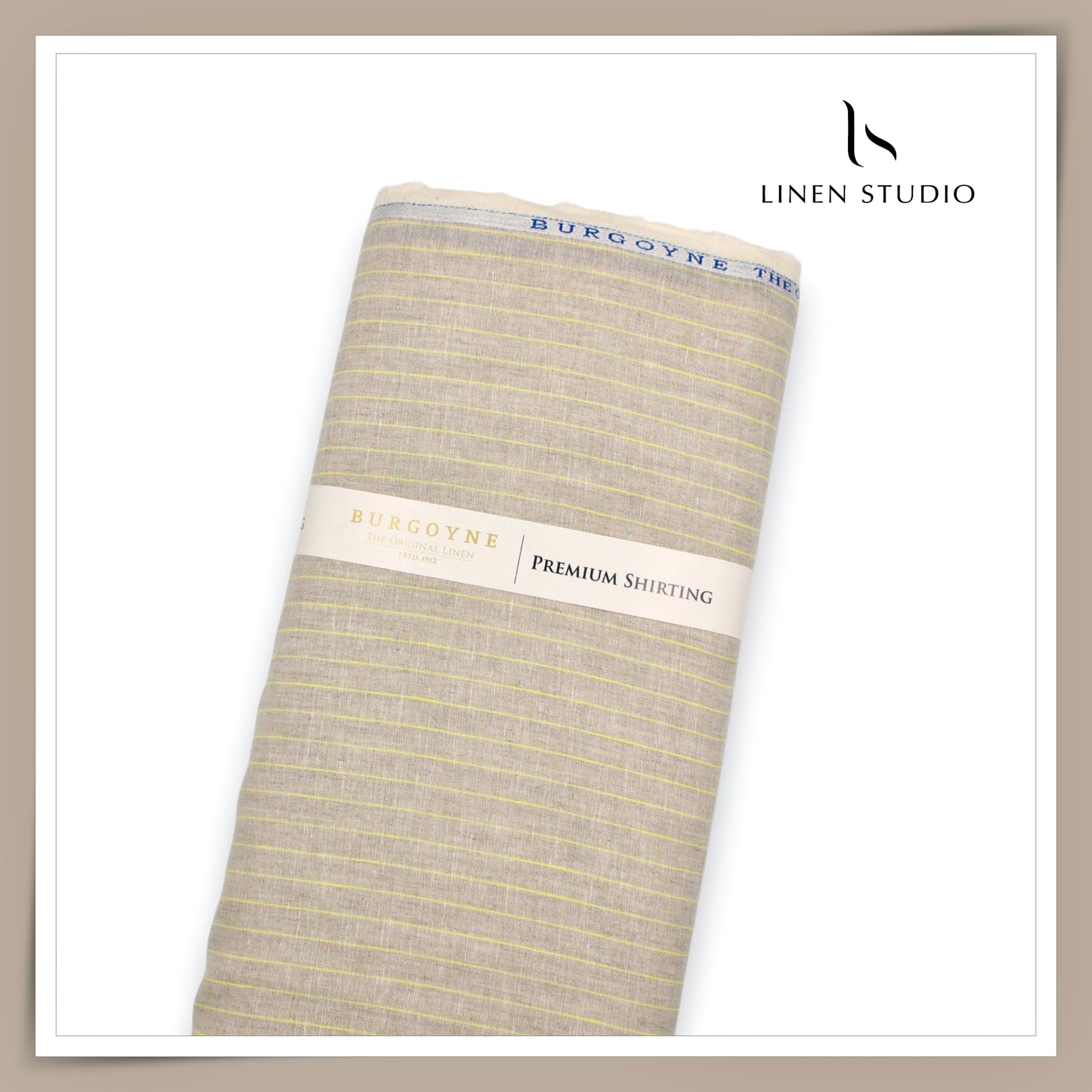 60 Lea Pure Linen Shirting by Burgoyne - Oatmeal with Yellow Stripes (NEW)