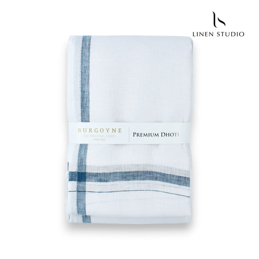 Blueish Green Small Border - Pure Linen Dhoti By Burgoyne - Linen Studio