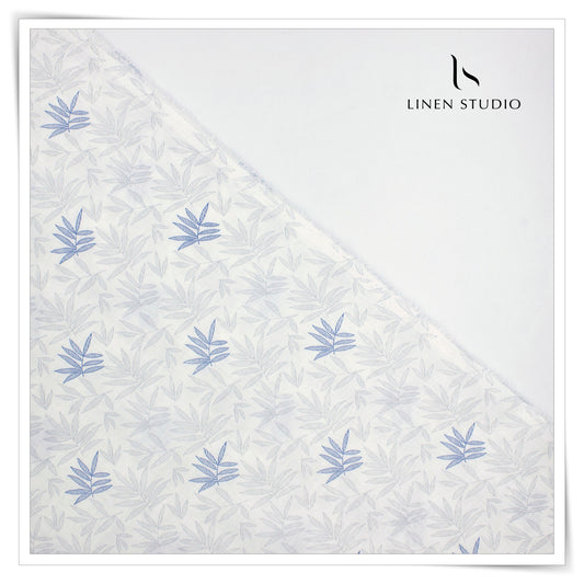 Linen Club 60 Lea Pure Linen Printed Shirting W/O SEL - Grey & Blue Leaf (45% SALE) (NEW)