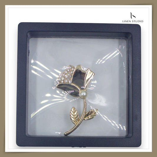 Brooch - Gold Toned Tulip with Crystal & Pearl Details (NEW)