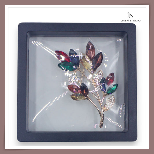 Brooch - Gold Toned Multicolour Crystals Elegant Leaf (NEW)