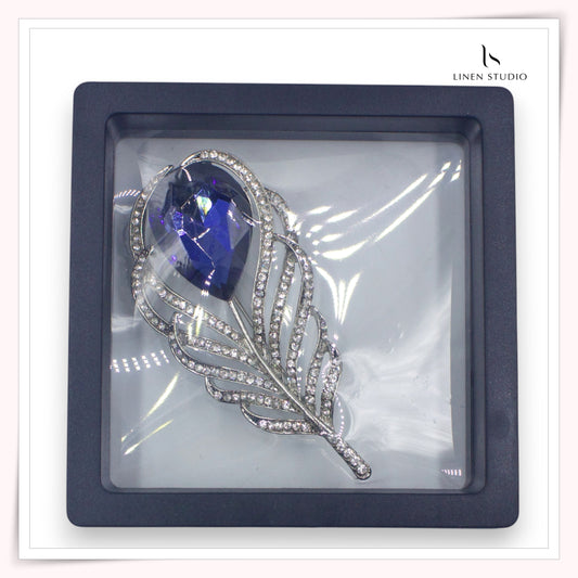 Brooch - Silver Toned Feather with Blue Teardrop Stone (NEW)