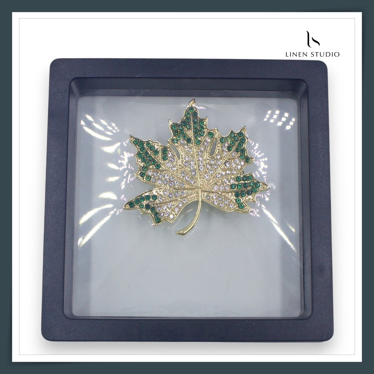 Brooch - Gold Tone Maple Leaf with Green & White Crystals (NEW)