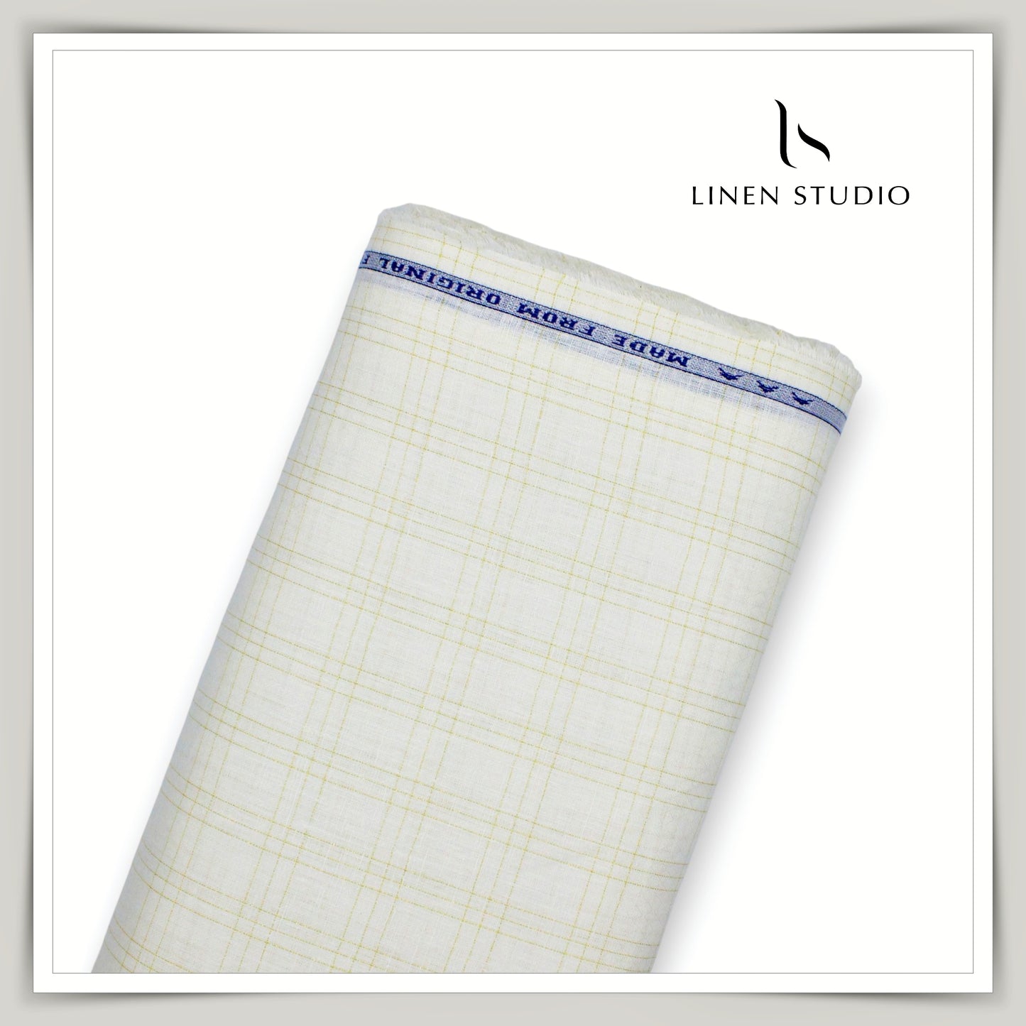 60 Lea European Linen Shirting - Off-White Dobby with Golden Zari Checks (zoom in)