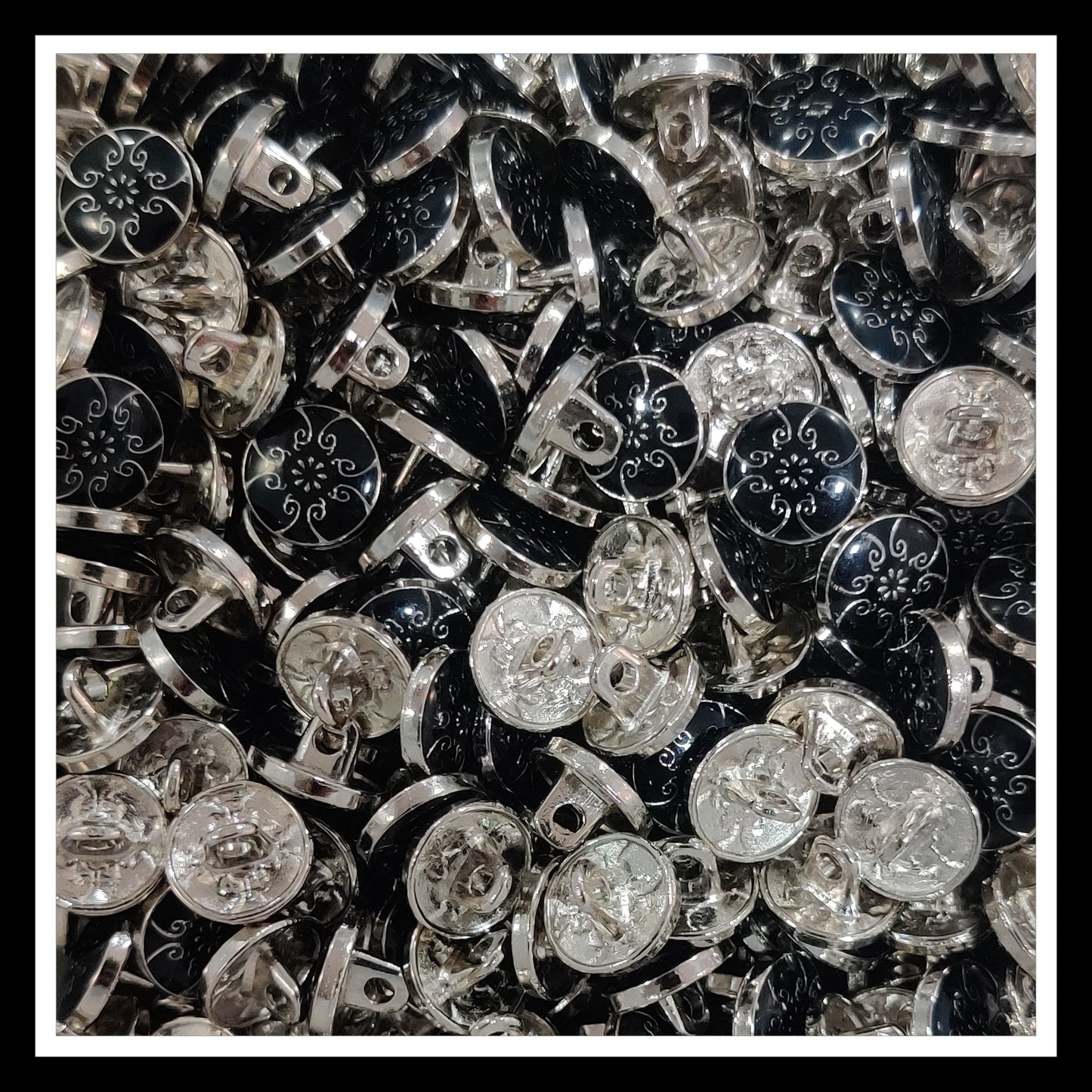 Textured Enamel Designer Metal Buttons - Black Design in Silver (NEW)