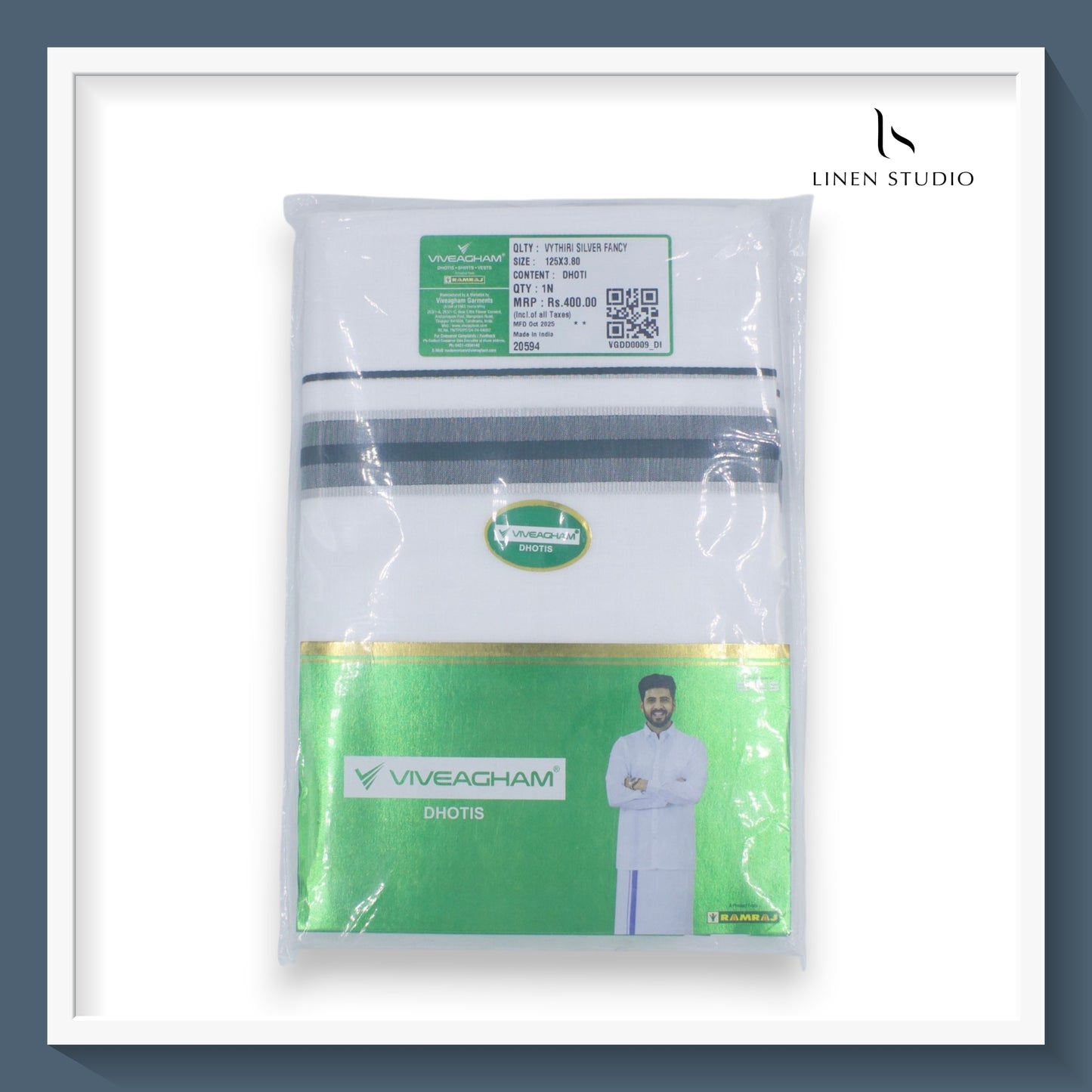 Ramraj Viveagham Cotton Blend Double Layer White Dhoti with 3.00 CM Colour Border (NEW)