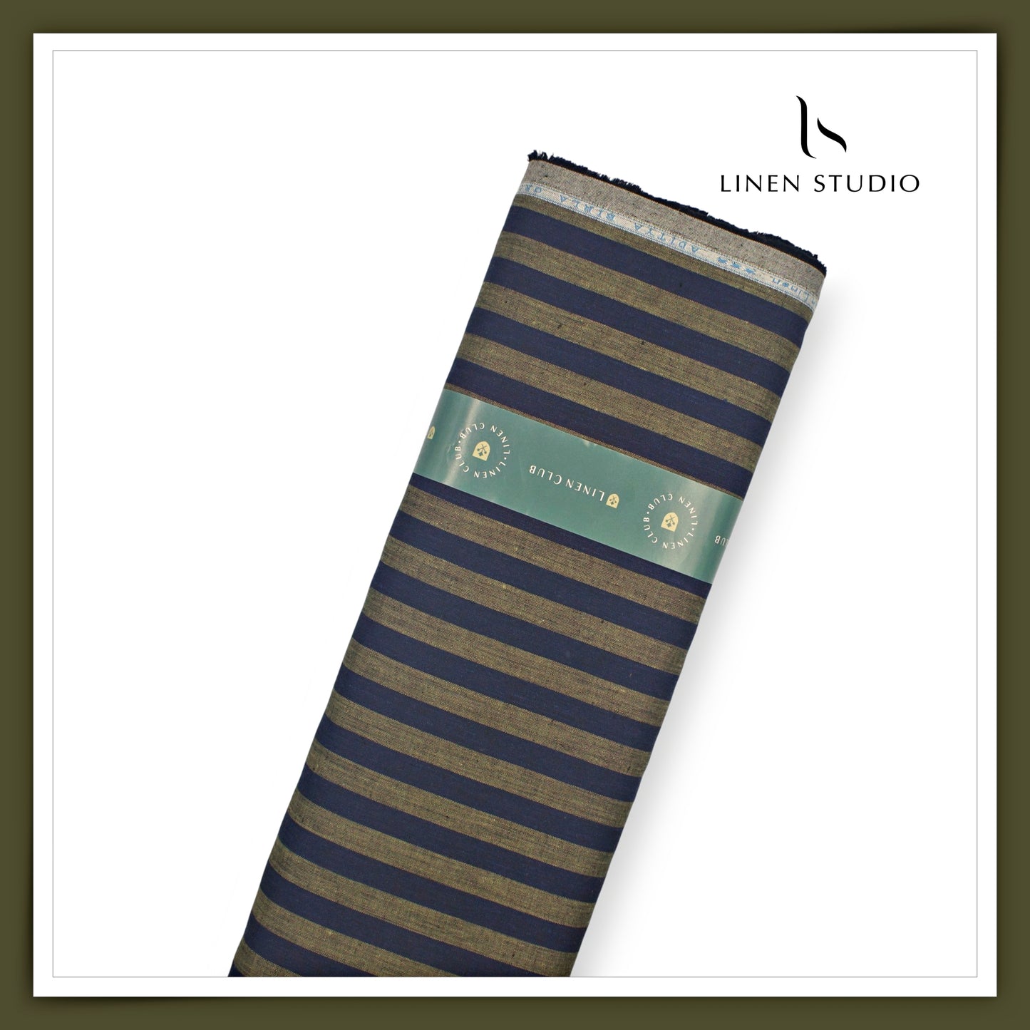 Linen Club 60 Lea Pure Linen Shirting - Dark Blue & Golden Brown Stripes (NEW)