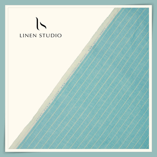 Linen Club 60 Lea Pure Linen Shirting - Cyan Blue Stripes (NEW)