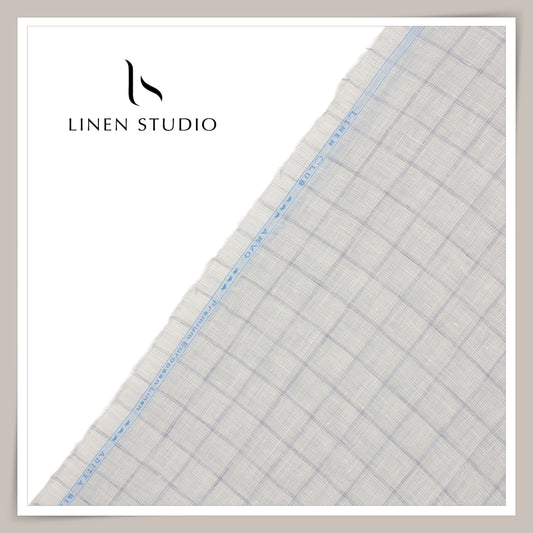 Linen Club 70 Lea Pure Linen Premium Shirting - Textured Grey with Blue Checks (NEW)